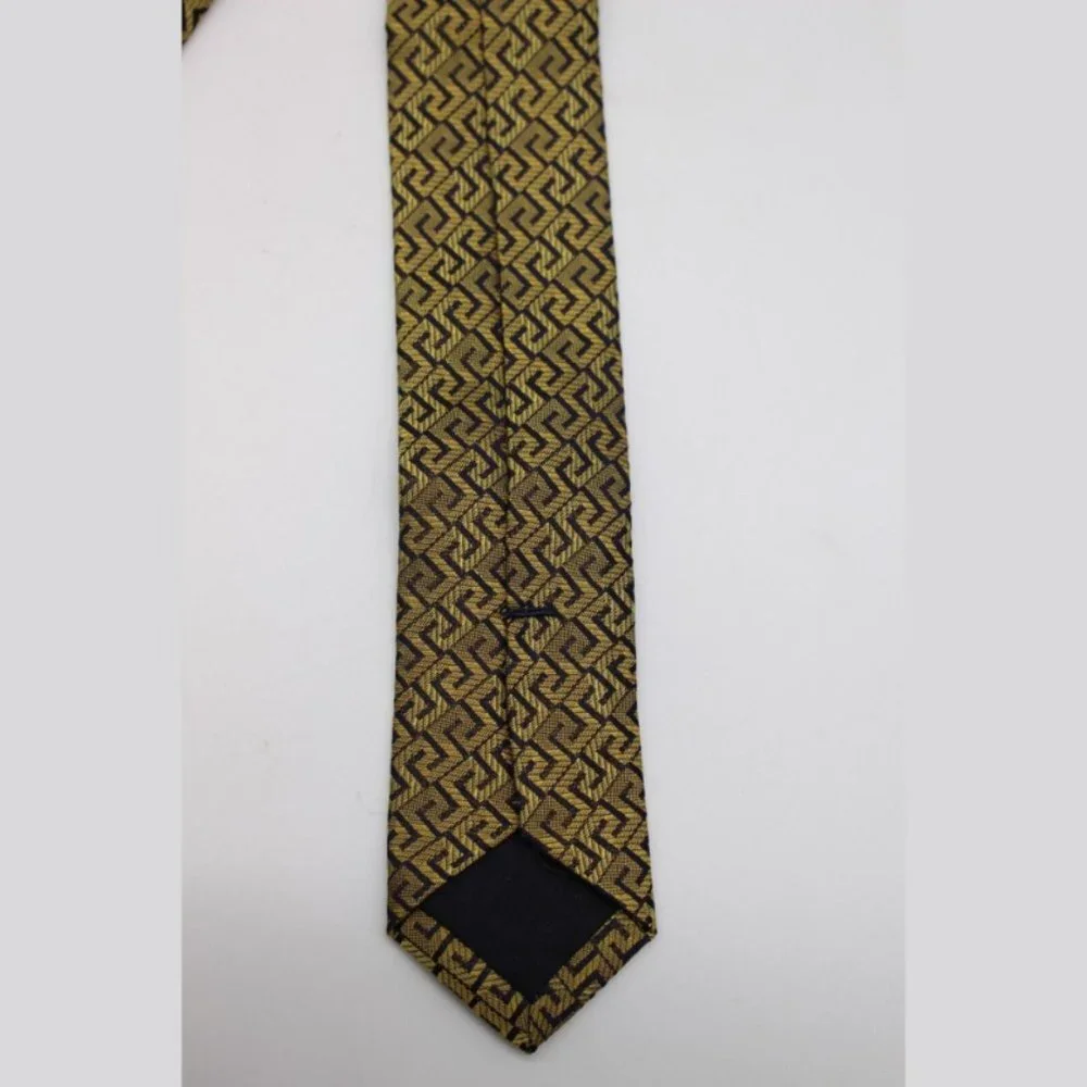$250 Versace Medusa 100% Silk Tie - Gold/Black Greek Key Pattern - NWOT